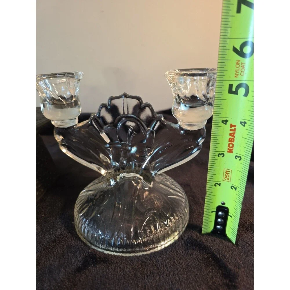 Double Candle Holder IRIS Jeannette Glass Iris and Herringbone PAIR